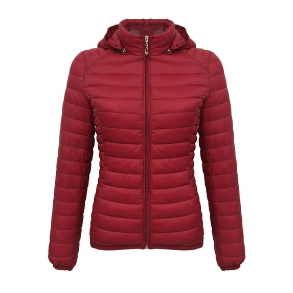 Xdegoge Light Weight Jackets Womens Stand Collar Zip Up Quilted Jacket with Removable Hood Winter Warm Zipper Pockets Tunic Padded Coats Trendy Outdoor Down Coat 2025