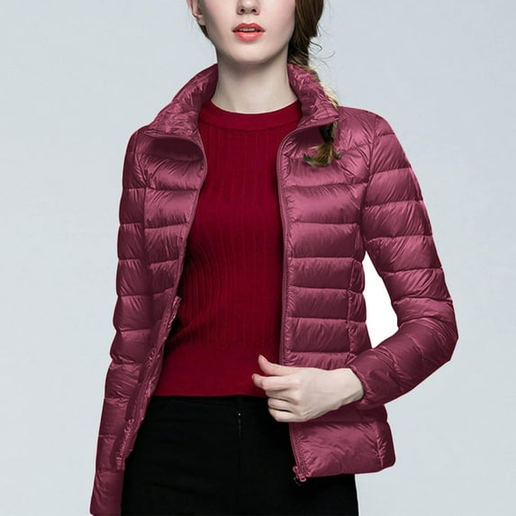 Xdegoge Lightweight Puffer Jacket for Women Full Zip Stand Collar Slim Fit Down Coats with Pockets Packable Solid Color Casual Quilted Jackets 2025 Winter Outdoor Outfits