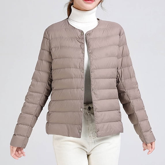 Xdegoge Lightweight Quilted Jackets for Women Collarless Button Down Packable Down Coat with Pocket Solid Color Slim Fit Warm Puffer Jacket 2025 Winter Soft Outerwear