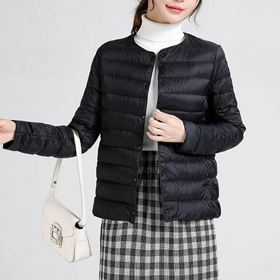 Xdegoge Lightweight Quilted Jackets for Women Collarless Button Down Packable Down Coat with Pocket Solid Color Slim Fit Warm Puffer Jacket 2025 Winter Soft Outerwear