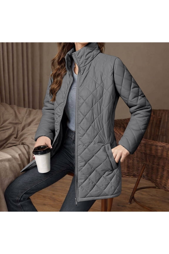 Lightweight Quilted Jackets for Women Zip up Long Sleeve Stand Neck Cotton Padded Winter Coats Warm Loose Fit Down Jacket with Pockets Outerwear