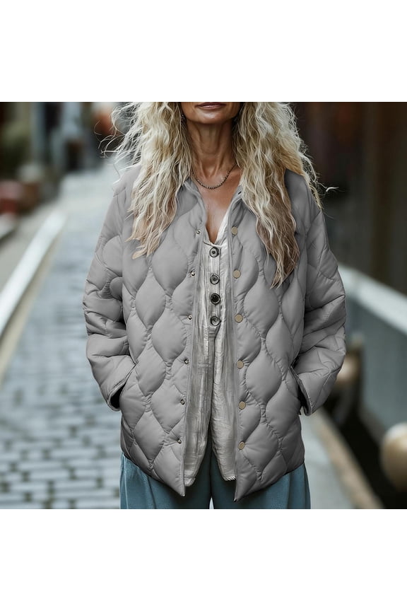 Lightweight Quilted Jackets for Women Trendy Snap Button Down Long Sleeve Winter Coats with Pockets Warm Padded Down Jacket Outerwear
