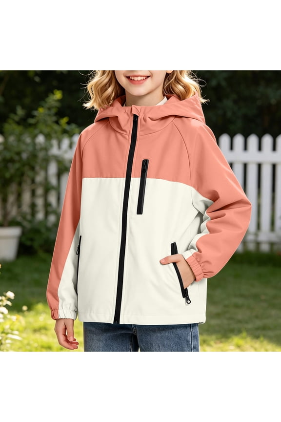 Lightweight Rain Jacket Teen Girls Color Block Windbreaker Outerwear Hooded Zip Up Coats with Zipper Pockets for Outdoor Hiking Activewear