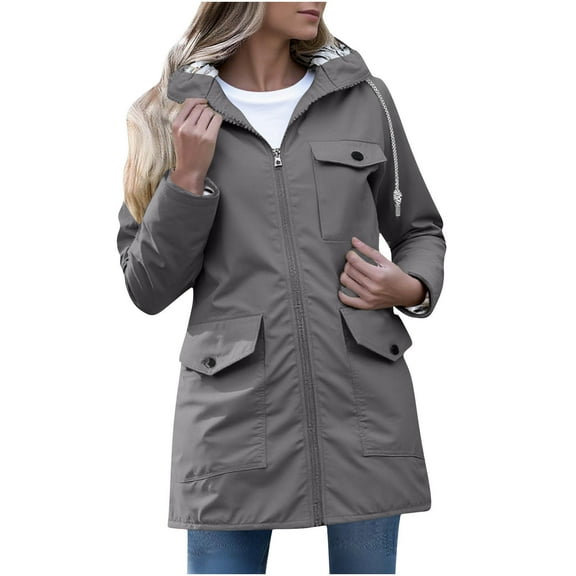 Xdegoge Lightweight Rain Jacket for Women Waterproof Windbreaker Full Zip Drawstring Hooded Jackets with Muti Pockets Fashion Outdoor Sport Outerwear