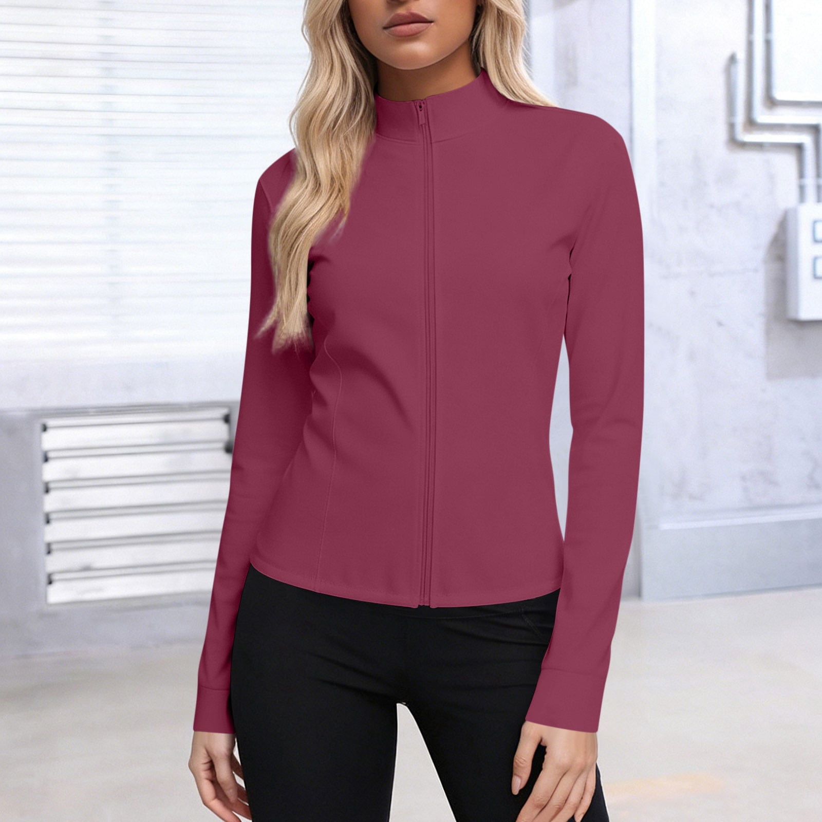 Xdegoge Lightweight Zip Front Jacket for Women High Neck Long Sleeve ...