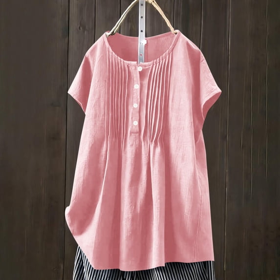Xdegoge Linen Blouse for Women Round Neck Short Sleeve Pin Tuck Pleated Front Button Down Detail Casual Loose Fit Solid Color Airy Chiffon Feel Dressy Work Office Summer Business Tops