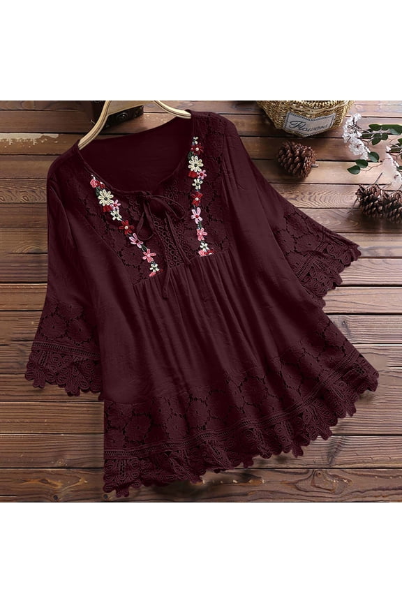Linen Blouse for Women V Neck String Half Sleeve Bohemian Vintage Relaxed Fit Embroidered Floral Lace Crochet Soft Flowy Summer Spring Tops Festival Holiday Ethnic Style Wear