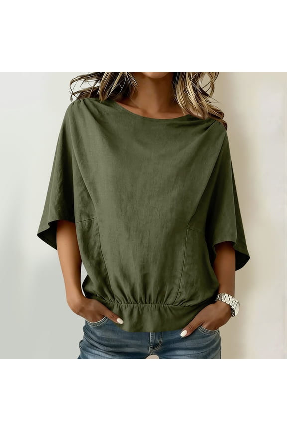 Linen Blouses for Women Boat Neck Batwing Half Sleeve Casual Boho Style Loose Fit Banded Bottom Hem Solid Design Lightweight Flowy Spring Summer Tops