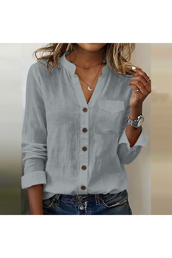 Linen Blouses for Women Notch V Neck Long Rolled Sleeve Dressy Casual Work office Wear Loose Fit Solid Plain with Pocket Breathable Soft Spring Tops