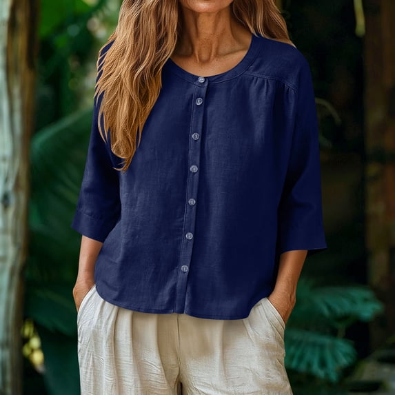 Xdegoge Linen Blouses for Women Round Neck Three Quarter Sleeve Boho Work office Relaxed Fit Solid Plain Button Up Front Flowy Breathable Summer Spring Tops