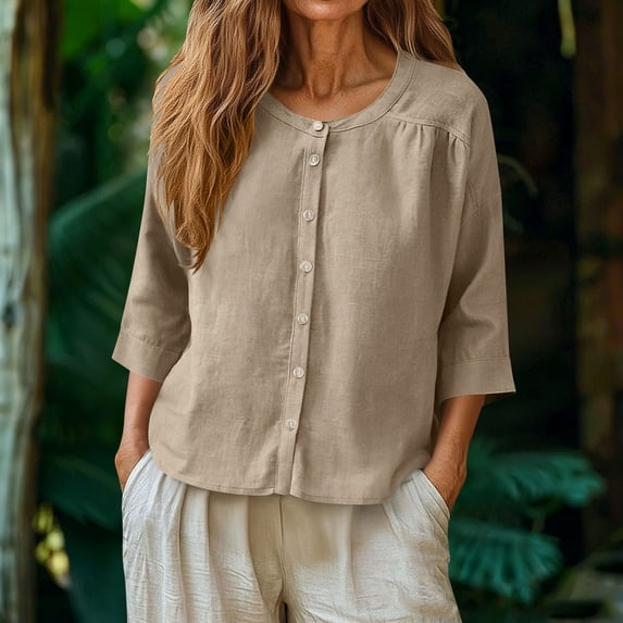 Xdegoge Linen Blouses for Women Round Neck Three Quarter Sleeve Boho Work office Relaxed Fit Solid Plain Button Up Front Flowy Breathable Summer Spring Tops