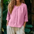 thumbnail image 1 of Xdegoge Linen Blouses for Women Round Neck Three Quarter Sleeve Boho Work office Relaxed Fit Solid Plain Button Up Front Flowy Breathable Summer Spring Tops, 1 of 6