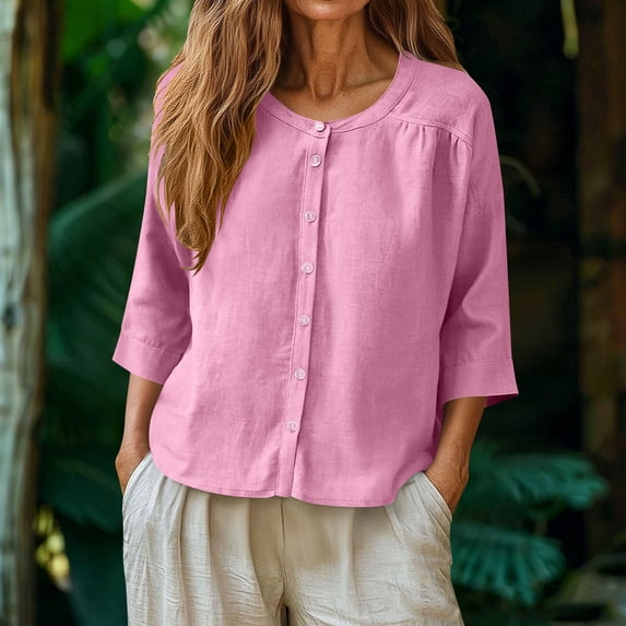 Xdegoge Linen Blouses for Women Round Neck Three Quarter Sleeve Boho Work office Relaxed Fit Solid Plain Button Up Front Flowy Breathable Summer Spring Tops