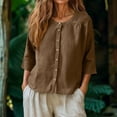 thumbnail image 1 of Xdegoge Linen Blouses for Women Round Neck Three Quarter Sleeve Boho Work office Relaxed Fit Solid Plain Button Up Front Flowy Breathable Summer Spring Tops, 1 of 6