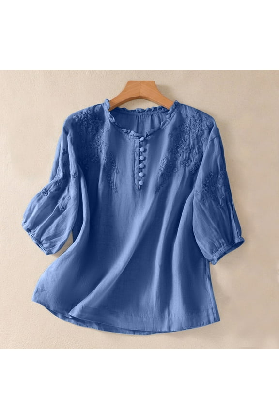 Linen Blouses for Women Ruffle Neck Three Quarter Puff Sleeve Casual Boho Everyday Wear Loose Fit Floral Embroidery Design Lightweight Flowy Summer Tops