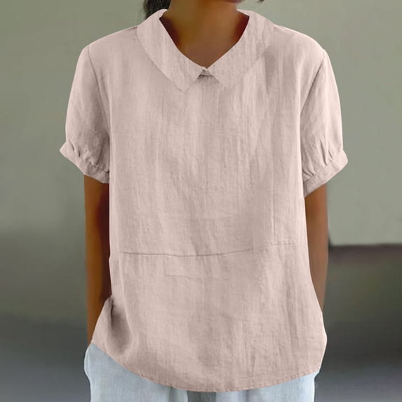 Xdegoge Linen Blouses for Women Collared Neck Short Sleeve Casual Everyday Wear Slouchy Fit Solid Plain Design Soft Lightweight Spring Summer Tops
