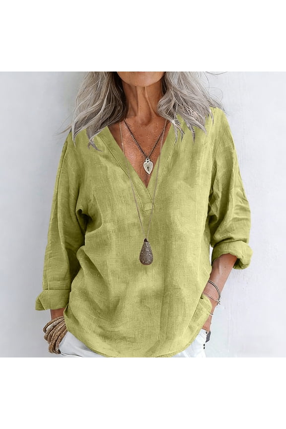 Linen Blouses for Women Split V Neck Long Rolled Sleeve Boho Casual Everyday Wear Slouchy Loose Fit Solid Plain Design Breathable Spring Tops
