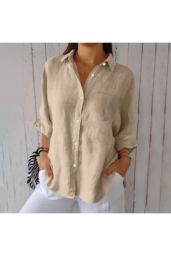 Linen Button Down Shirts for Women Collared V Neck Rolled Sleeve Casual Work office Vibe Loose Fit Solid with Pocket Breathable Flowy Summer Tops