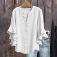 thumbnail image 1 of Xdegoge Linen Button Down Shirts for Women V Neck Three Quarter Ruffle Sleeve Elegant Workwear Going Out Relaxed Fit Solid Plain Design Flowy Stretchy Spring Tops, 1 of 7
