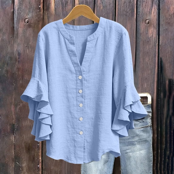 Xdegoge Linen Button Down Shirts for Women V Neck Three Quarter Ruffle Sleeve Elegant Workwear Going Out Relaxed Fit Solid Plain Design Flowy Stretchy Spring Tops