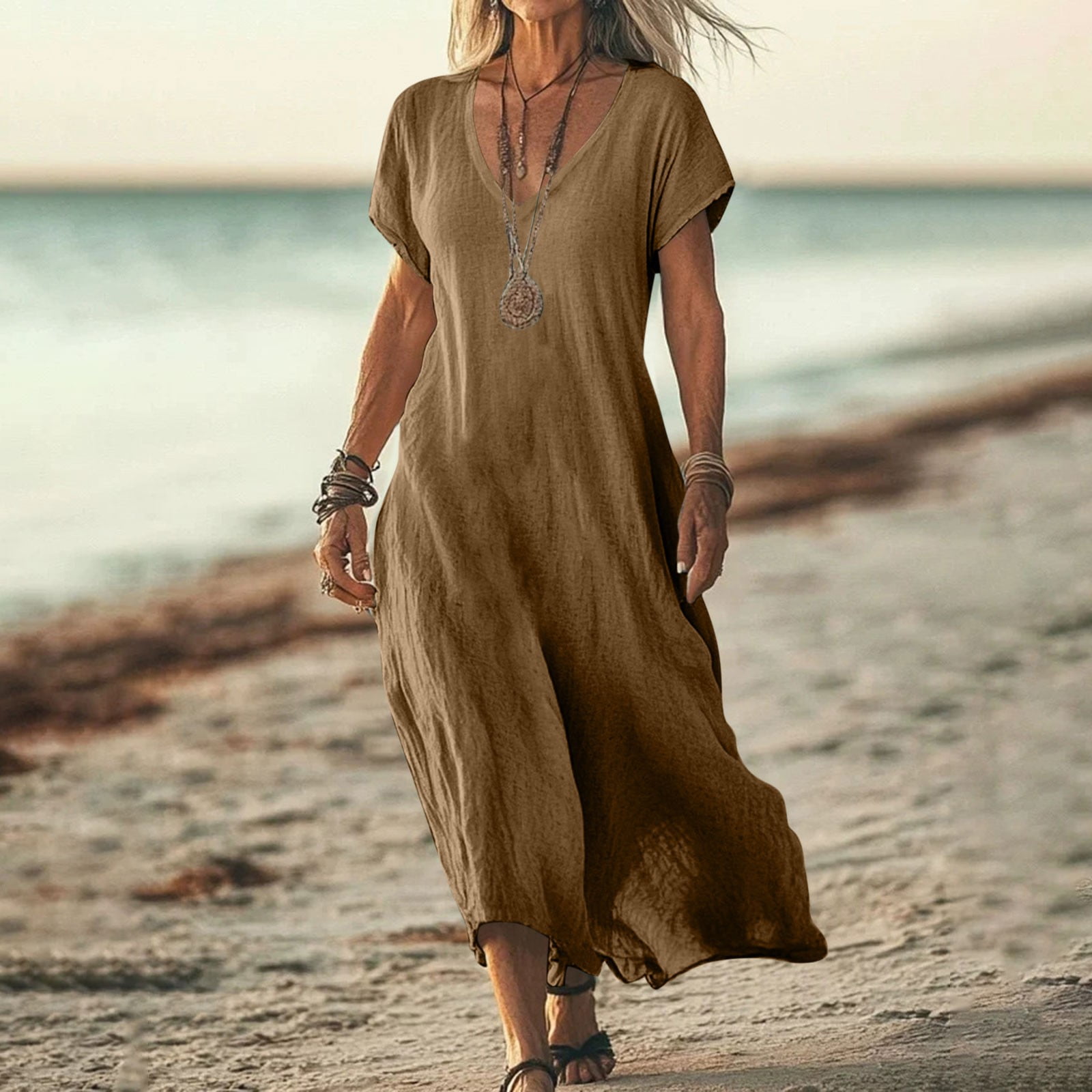 Xdegoge Linen Casual Dresses for Women Flowy V Neck Short Sleeve 2025 ...