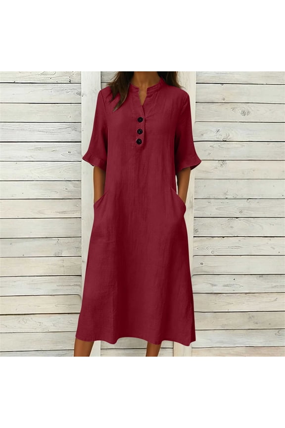 Linen Casual Loose Dress for Women Midi Shift V Neck Half Sleeve Summer Dress Button Down with Pockets Daily Vacation