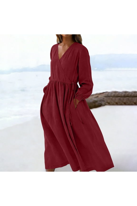 Linen Chic Wrap Dress for Women Midi A Line V Neck Long Sleeve Summer Sundress Tie Waist Flowy Flattering Lightweight Casual Office Work Wedding Guest Outfit