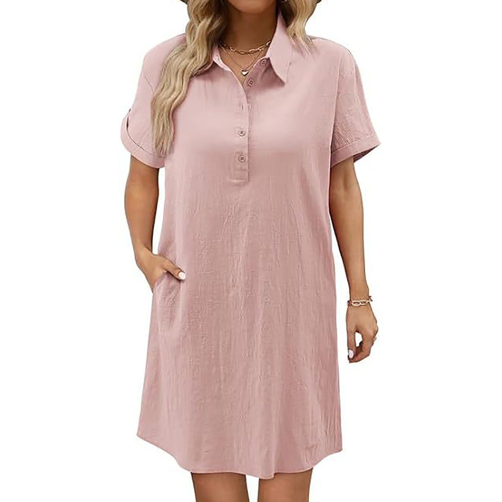 Xdegoge Linen Dress Women Short Sleeve Dress with Pockets Casual Tunic ...