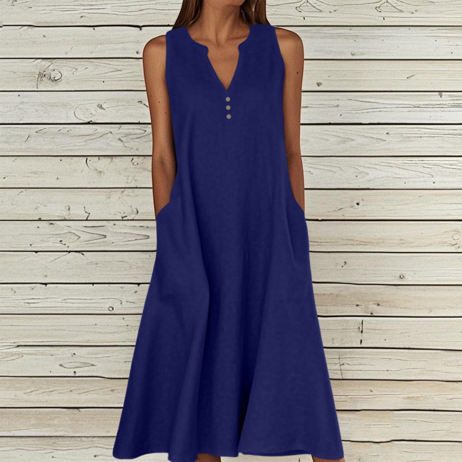 Women's Summer Mock Neck Maxi Dress – Sleeveless, Elastic, Slim Fit Vacation Sundress With Pockets - View #8