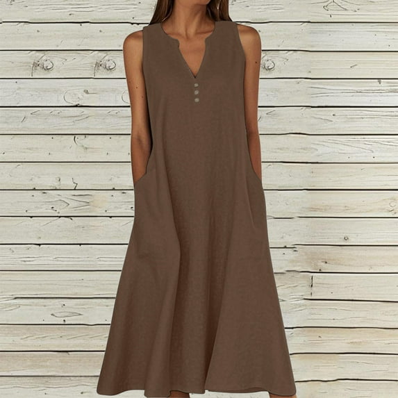 Xdegoge Linen Dress for Women Summer Maxi 2025 Casual Sleeveless V Neck Long Dress Boho Solid Color Button Down Sundress Flowy Beach Vacation Ladies Dress Dressy Wedding Guest Dresses with Pockets