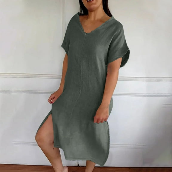 Xdegoge Linen Dresses for Women 2025 Short Sleeve V Neck Summer Dresses Plus Size Elegant Loose Casual Maxi Dress Vacation Beach Boho Sundress Last