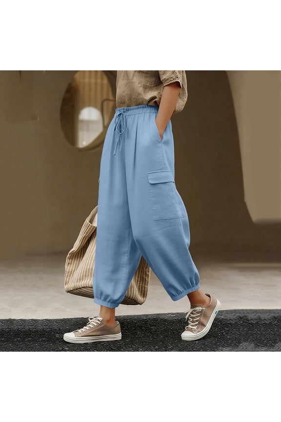 Linen Harem Cargo Pants for Women Elastic Waist Drawstring Joggers Lightweight Tapered Trousers Cuffed Hem Boho Hippie Style Bottoms
