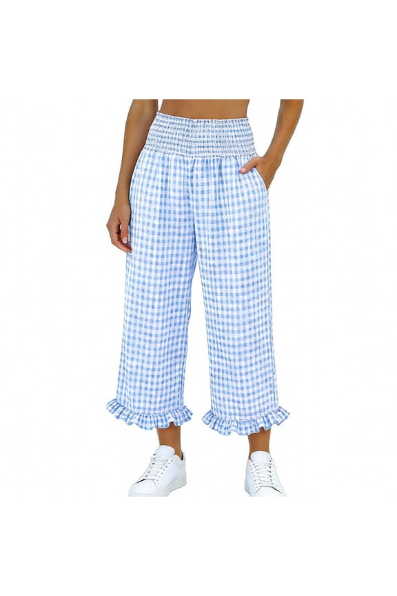 Linen High Waisted Gingham Culottes for Women Ruffle Hem Wide Leg Cropped Pants Smocked Waist Plaid Capris Lightweight Flowy Summer Trousers Casual Beach Palazzo Shorts Style