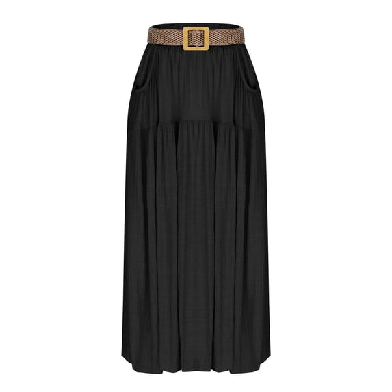 Xdegoge Linen High Waisted Maxi Skirt for Women Elastic Waist Solid Color Flowy A Line Casual Summer Skirts with Belt Pockets Flattering Chic Wear