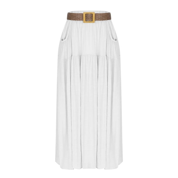Xdegoge Linen High Waisted Maxi Skirt for Women Elastic Waist Solid Color Flowy A Line Casual Summer Skirts with Belt Pockets Flattering Chic Wear