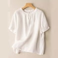 thumbnail image 1 of Xdegoge Linen Linen Blouses for Women Crewneck Short Puff Sleeve Casual Work office Everyday Wear Loose Fit Solid Button Detail Lightweight Breathable Summer Tops, 1 of 3