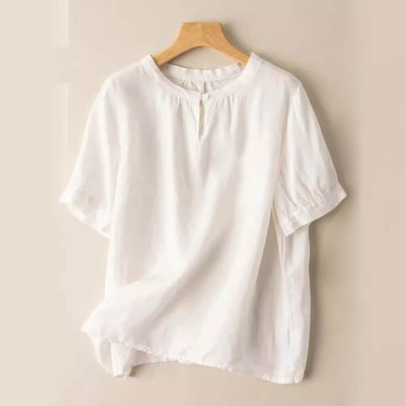 Xdegoge Linen Linen Blouses for Women Crewneck Short Puff Sleeve Casual Work office Everyday Wear Loose Fit Solid Button Detail Lightweight Breathable Summer Tops