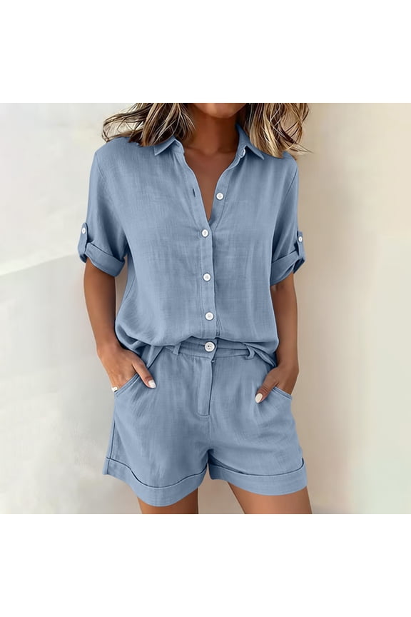 Linen Outfits Women 2 Piece Collar Button Down Short Sleeve Matching Set Tops and Shorts Summer Casual Lounge Vacation Breathable Beach Clothes