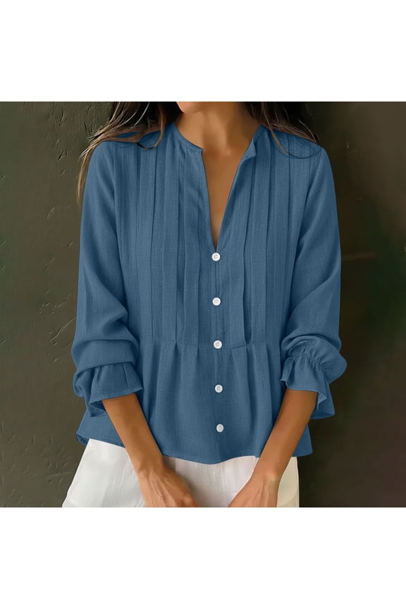 Linen Peplum Blouses for Women Split V Neck Three Quarter Ruffle Sleeve Dressy Work office Vibe Flowy Loose Fit Solid Pintuck Button Down Lightweight Spring Tops