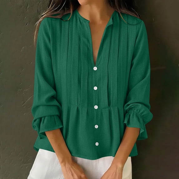 Xdegoge Linen Peplum Blouses for Women Split V Neck Three Quarter Ruffle Sleeve Dressy Work office Vibe Flowy Loose Fit Solid Pintuck Button Down Lightweight Spring Tops