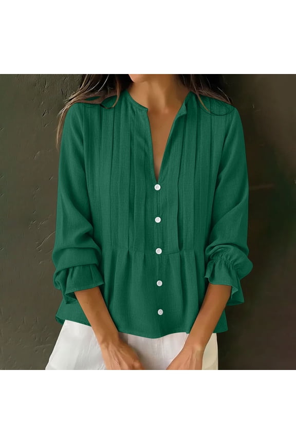 Linen Peplum Blouses for Women Split V Neck Three Quarter Ruffle Sleeve Dressy Work office Vibe Flowy Loose Fit Solid Pintuck Button Down Lightweight Spring Tops