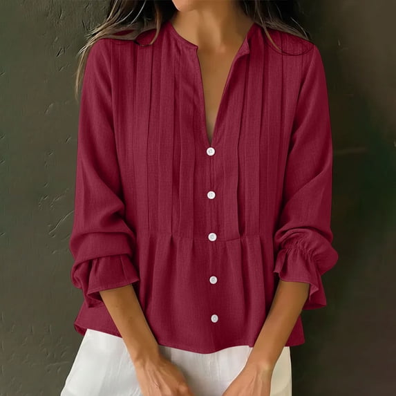 Xdegoge Linen Peplum Blouses for Women Split V Neck Three Quarter Ruffle Sleeve Dressy Work office Vibe Flowy Loose Fit Solid Pintuck Button Down Lightweight Spring Tops