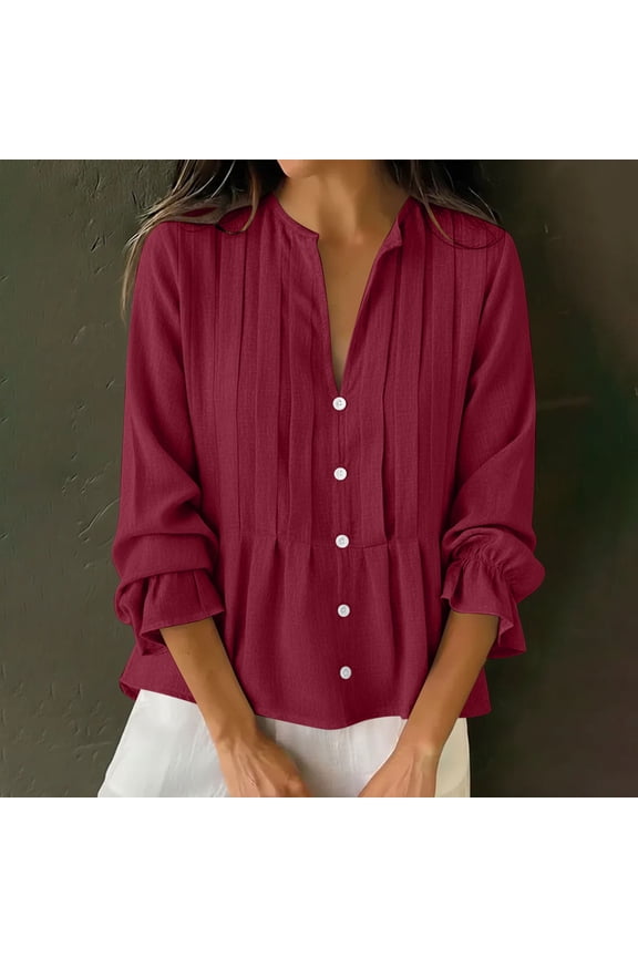 Linen Peplum Blouses for Women Split V Neck Three Quarter Ruffle Sleeve Dressy Work office Vibe Flowy Loose Fit Solid Pintuck Button Down Lightweight Spring Tops