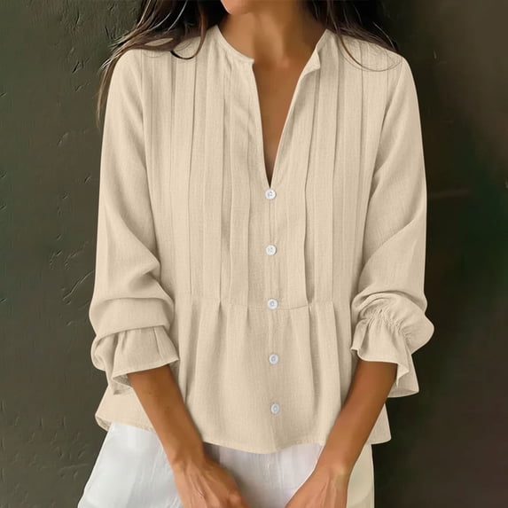 Xdegoge Linen Peplum Blouses for Women Split V Neck Three Quarter Ruffle Sleeve Dressy Work office Vibe Flowy Loose Fit Solid Pintuck Button Down Lightweight Spring Tops