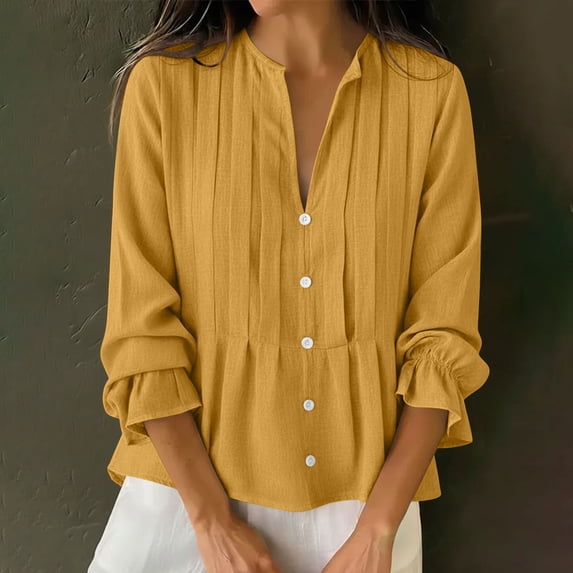 Xdegoge Linen Peplum Blouses for Women Split V Neck Three Quarter Ruffle Sleeve Dressy Work office Vibe Flowy Loose Fit Solid Pintuck Button Down Lightweight Spring Tops