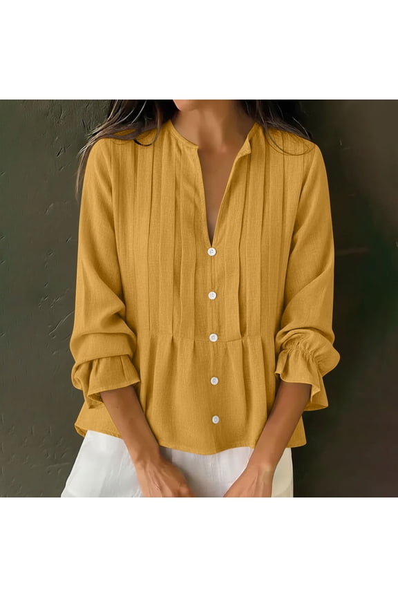 Linen Peplum Blouses for Women Split V Neck Three Quarter Ruffle Sleeve Dressy Work office Vibe Flowy Loose Fit Solid Pintuck Button Down Lightweight Spring Tops