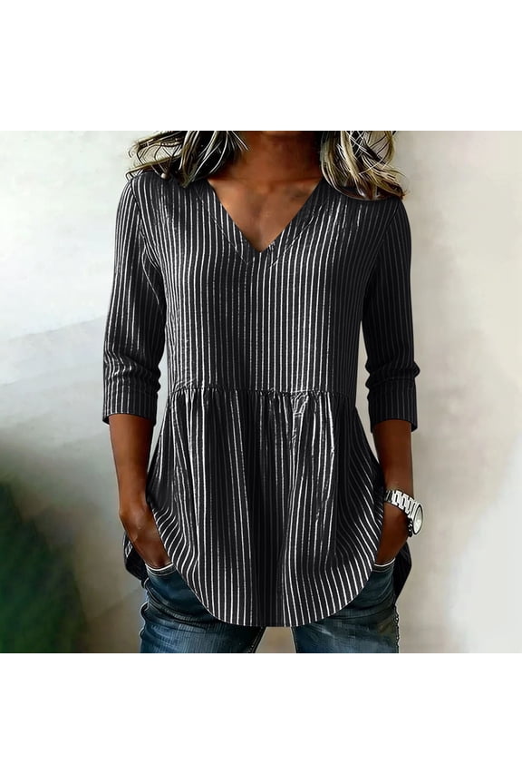 Linen Peplum Tops for Women Summer 3/4 Sleeve V Neck Babydoll Tunic Striped Blouses Flowy Breathable Loose Fit Summer Vacation Beach Shirts