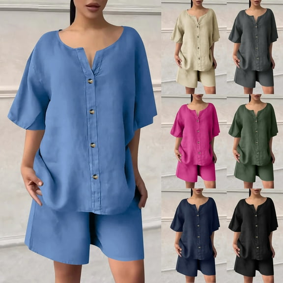 Xdegoge Linen Sets for Women 2 Piece Summer Outfits Baggy Button Down Half Sleeve T-Shirts V-Neck Comfy Breathable Tops High Waisted Loose Shorts Pants Vacation Matching Clothes Fit Travel Casual