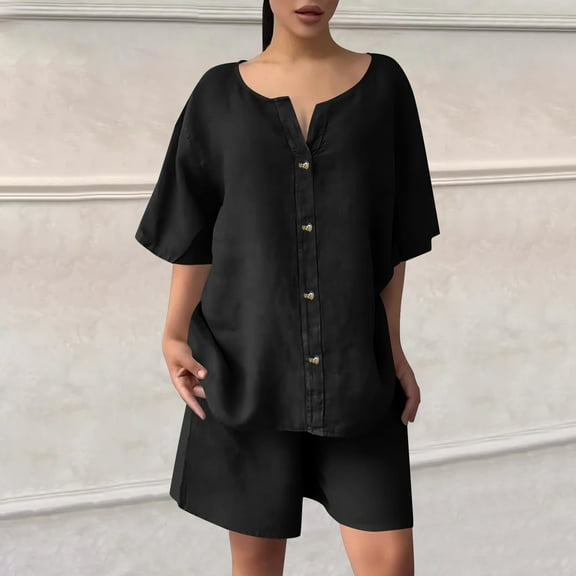 Xdegoge Linen Sets for Women 2 Piece Summer Outfits Baggy Button Down Half Sleeve T-Shirts V-Neck Comfy Breathable Tops High Waisted Loose Shorts Pants Vacation Matching Clothes Fit Travel Casual