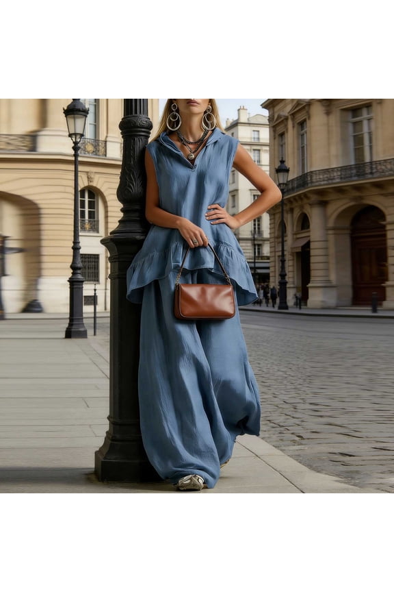 Linen Sets for Women 2 Piece Oversized Sleeveless Collar V Neck Matching Set Hooded Ruffle Top and Harem Pants Casual Summer Beach Outfits